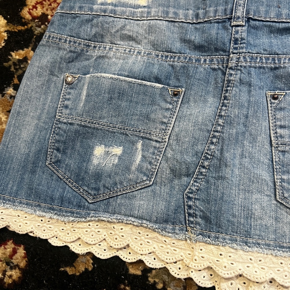 Bershka Distressed Denim Mini Skirt with Lace Hem - Picture 7 of 8